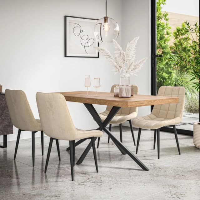 More4Homes Donni Dining Table And Chairs - Oak Effect Table Top W Black Legs + Nova Velvet Dining Chair Set Of 6 (Beige)