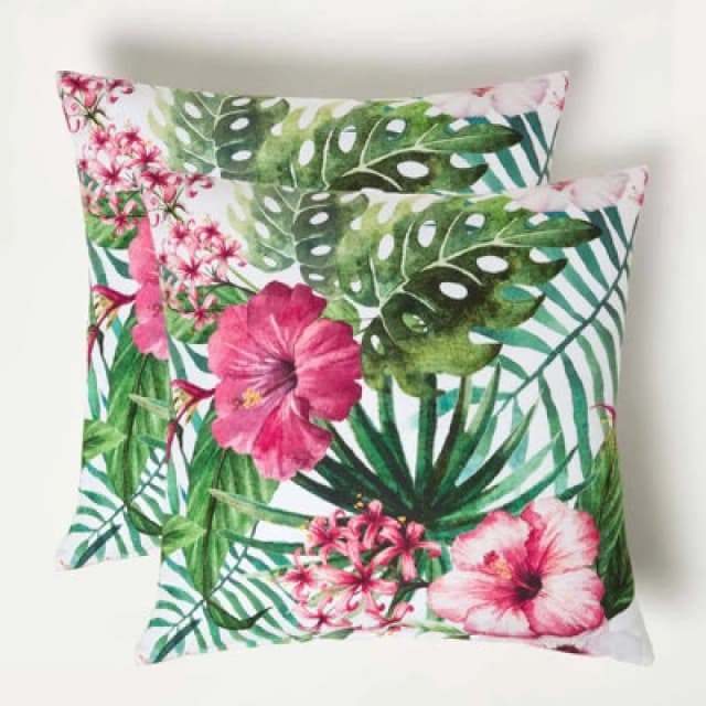 Homescapes Botanical Flower Outdoor Cushion 45 x 45 cm, Set of 2 Green