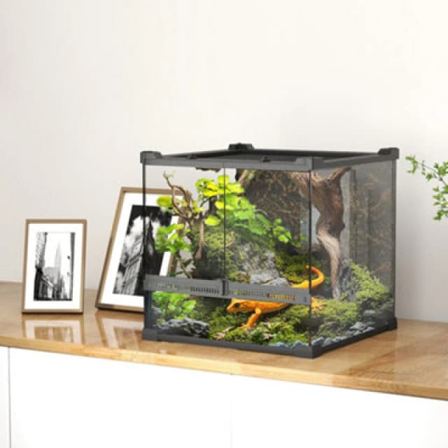 PawHut 24L Glass Terrarium, Reptile Vivarium with Stone Background, Black D40-052V11BK