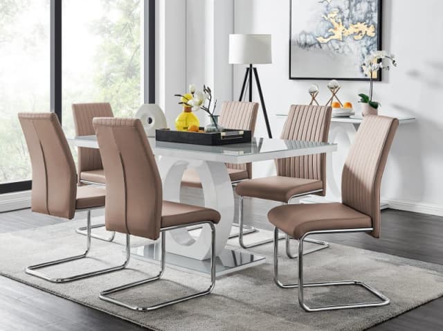 FurnitureboxUK FurnitureboxUK Giovani 6-Seater Grey Glass Dining Table and 6 Lorenzo Faux Leather Dining Chairs in Beige Beige One Size Unisex 5056542