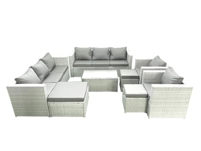 Fimous Outdoor Rattan Sofa Garden Furniture Set with 2 Armchairs Oblong Coffee Table 3 Footstools Light Grey Mixed Light Grey
