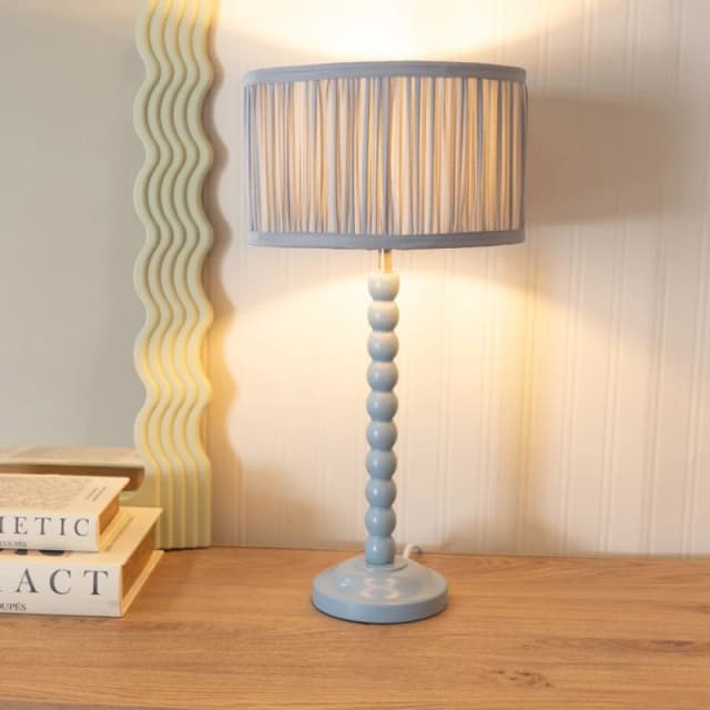 ValueLights Bobbins Powder Blue Table Lamp with Ruched Pleated Drum Lamp Shade Baby Blue