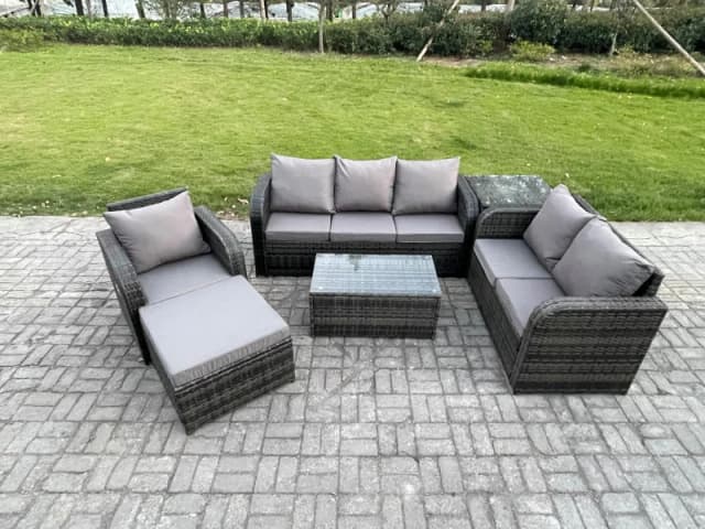 Fimous Patio Garden Furniture Sets Wicker 7 Seater Outdoor Rattan Furniture Sofa Sets with Rectangular Coffee Table Reclining Chair Dark Grey unisex