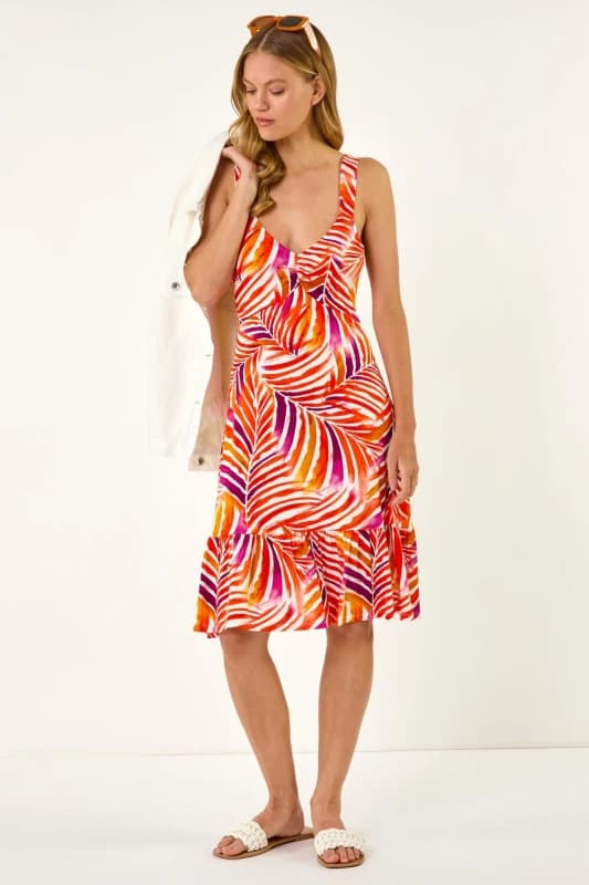 Roman Womens Abstract Print V-Neck Frill Dress in Red Size: 16 Red Female 16