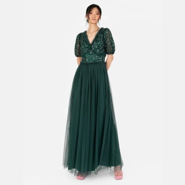 Maya Deluxe Maya Emerald Green Short Sleeve Embellished Maxi Dress Emerald female 8 (XS)