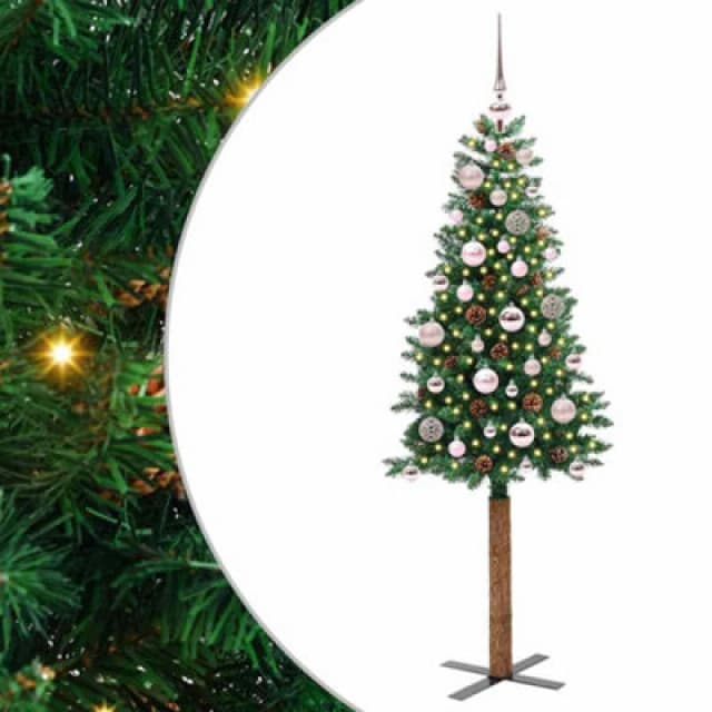 vidaXL Slim Christmas Tree with Pink Balls Green 150cm PVC and Solid Pine wood, Green 3394853