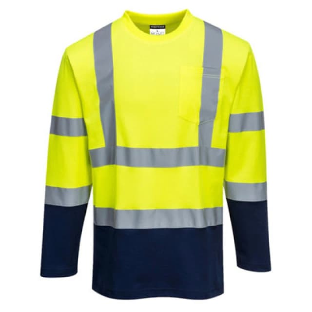 Portwest Hi Vis Cotton Comfort Contrast Long Sleeve T Shirt S280YNRM Colour: Yellow / Navy