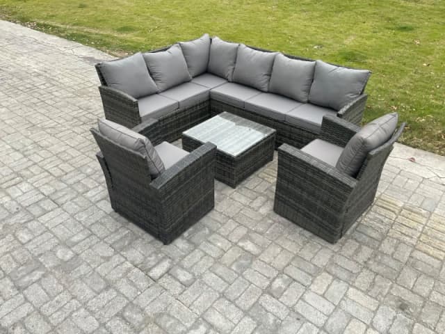 Fimous 8 Seater Outdoor Garden Furniture Set Wicker PE Rattan Corner Sofa Set with Square Coffee Table 2 Armchairs Dark Grey Mixed Dark Grey Unisex