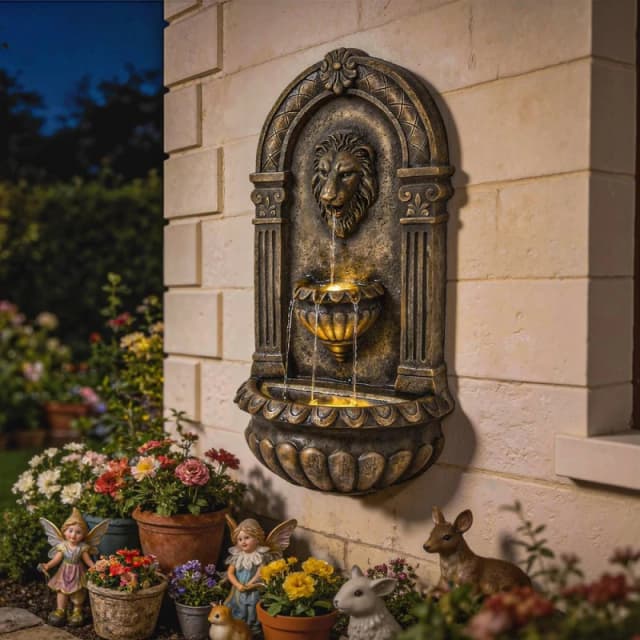 OUTSUNNY Wall-Mounted Water Fountain, Garden Water Feature with LED Lights in Brown Brown Unisex