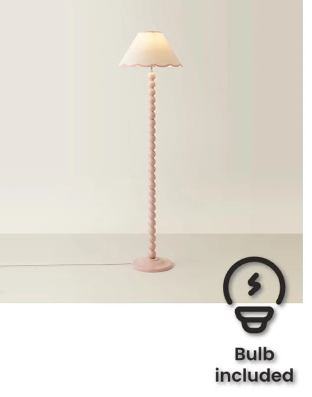 ValueLights Bobbins Rose Pink Floor Lamp with Tapered Linen Scallop Shade and LED Bulb Pink