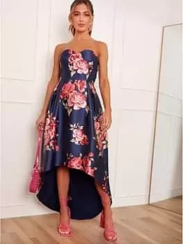 Chi Chi London Strapless Floral Printed Dip Hem Dress - Navy, Size 12, Women