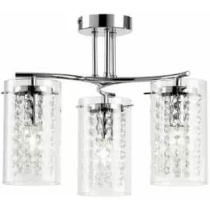 Loops - Semi Flush Ceiling Light Chrome Glass Drops 3 Bulb Hanging Pendant Lamp Shade