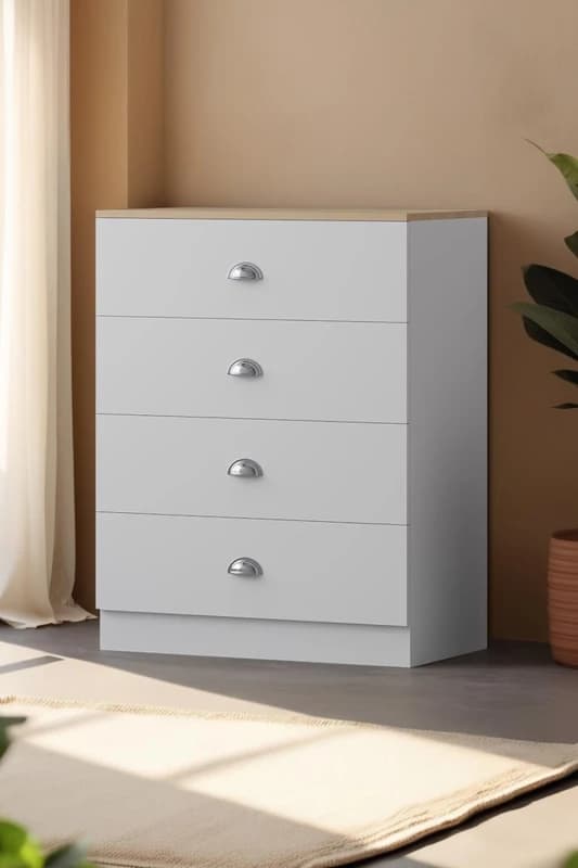 FWStyle FWStyle 4 Drawer Chest Matt White Oak Effect Top Bedroom Furniture White One Size Unisex 5056413127525