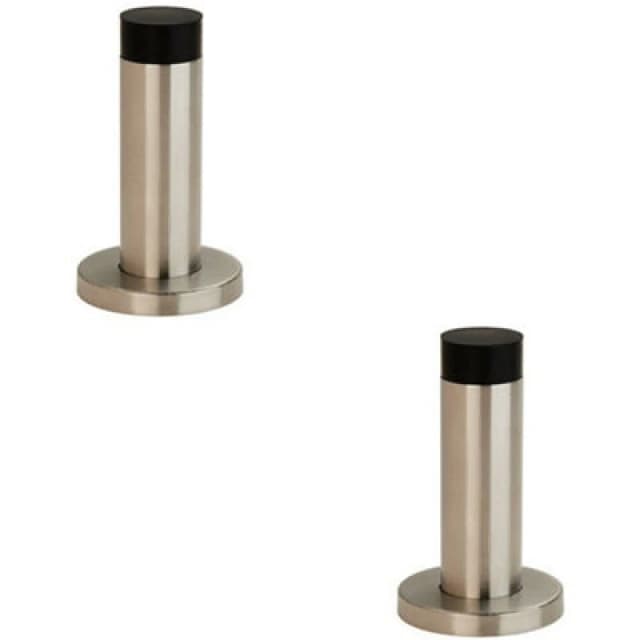Loops 2x Wall Mounted Doorstop Cylinder on Rose Rubber Tip 76 x 22mm Satin Steel Metallics