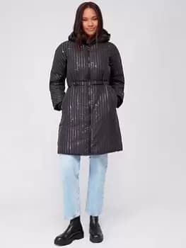 Armani Exchange All Over Metallic Logo Padded Coat - Black Size M Women