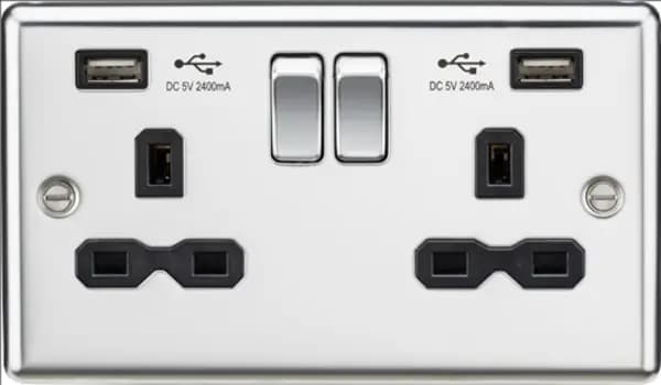 KnightsBridge 13A 2G switched socket with dual USB charger A + A (2.4A), Polished chrome with Black insert