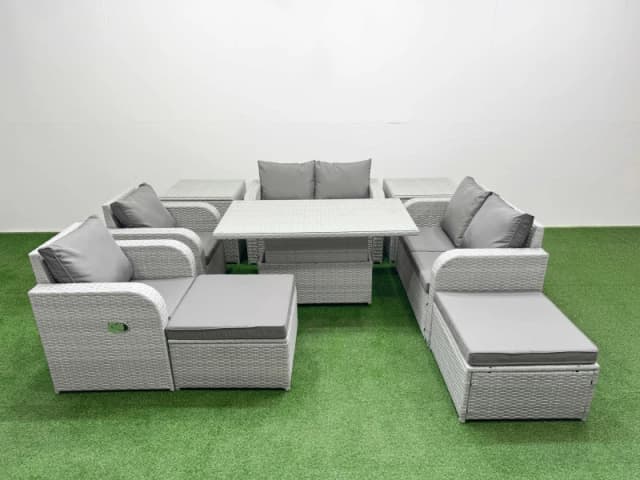 Fimous 8 Seater Outdoor Reclining Chair Love Sofa Set Rattan Garden Furniture Set with Adjustable Lifting Dining or Coffee Table 2 Big FootStools 2 S