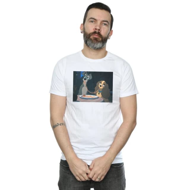 Disney Men Lady And The Tramp Spaghetti Slurp T-Shirt in White Size: Small White S Male 5059114359134