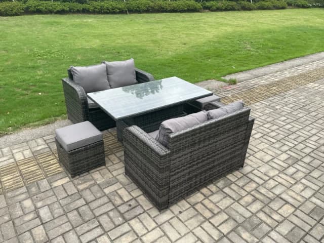 Fimous Outdoor Rattan Furniture Garden Dining Set Height Adjustable Rising lifting Table Love Sofa Set With 2 Small Footstools Dark Grey