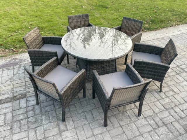 Fimous Wicker PE Outdoor Rattan Garden Furniture Arm Chair & Table Dining Sets 6 Seater Large Round Table Dark Grey Mixed Dark Grey Unisex