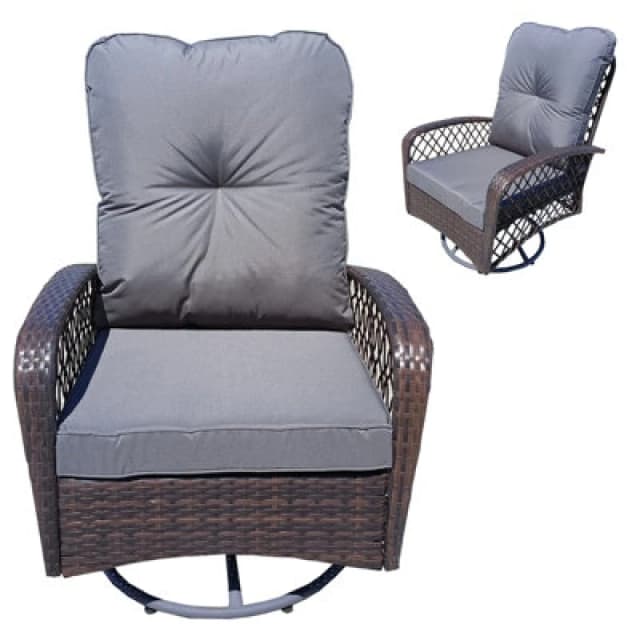 Patio Rattan Swivel Chair, 360 Degrees Swivel Lounge Armchair With Soft Cushion, Weatherproof Pe Ratta - Brown