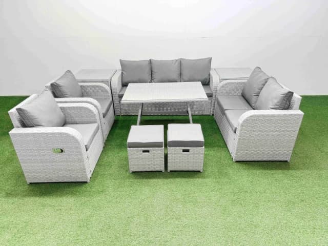 Fimous Outdoor Rectangular Table Sofa Set with Reclining Chair 2 Side Table in Light Grey Light Grey Unisex