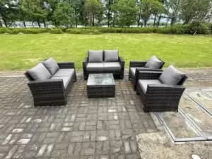 Fimous 6 Seater Outdoor Dark Grey Rattan Lounge Complete Sofa Set with Square Coffee Table Tempered Glass