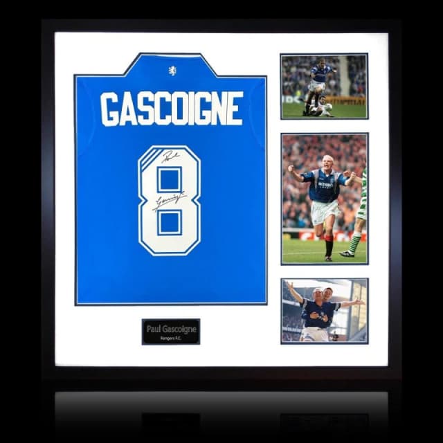 The Fan Cave Paul Gascoigne Signed Rangers Shirt Elite Frame Blue unisex 820mm x 82