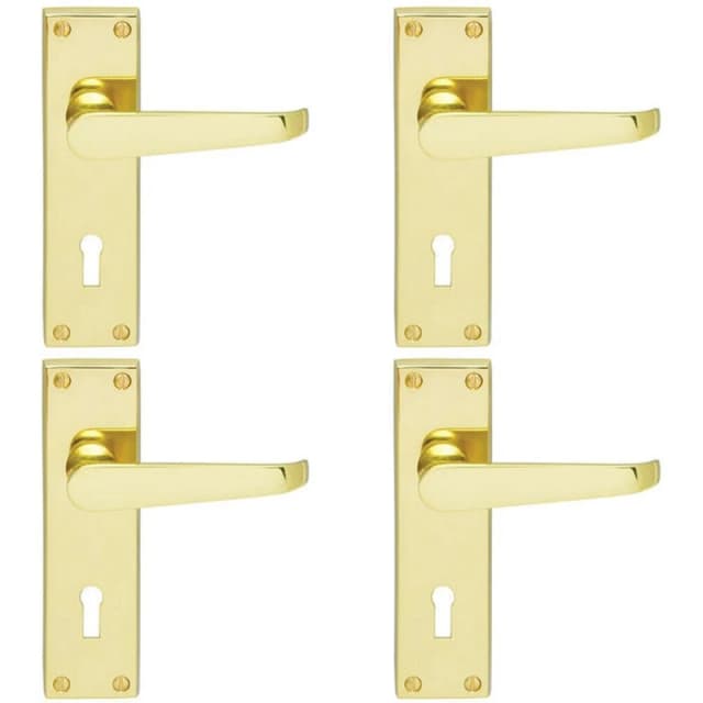 Loops 4x PAIR Victorian Flat Lever on Lock Backplate Handle 150 x 42mm Polished Brass Metallics
