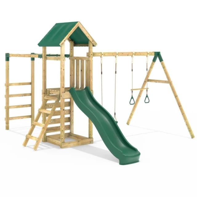 Rebo Wooden Climbing Frame with Swing, Trapeze Bar, Monkey Bars and Slide - Logan Green Green