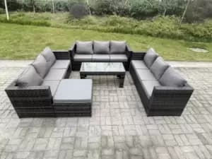 Fimous 9 Seater Outdoor Rattan Lounge Complete Sofa Set with Oblong Rectangular Coffee Table and Big Footstool