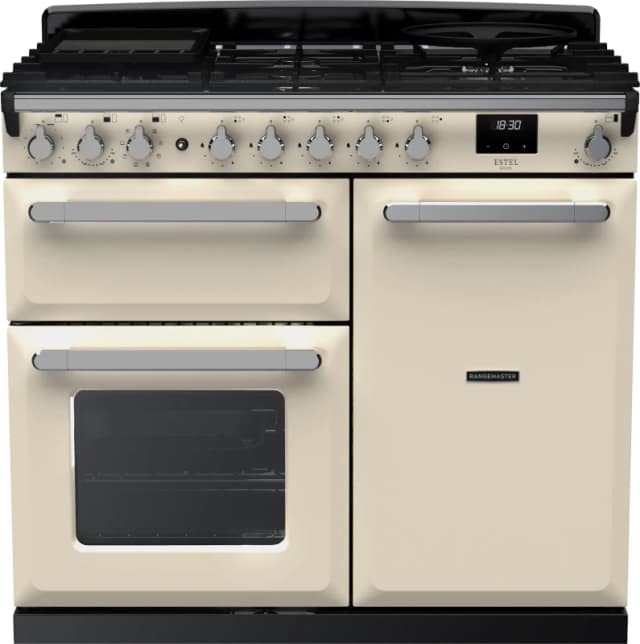 Rangemaster Estel Deluxe ESDL100DFPPCR/CM1 100cm Dual Fuel Range Cooker - Cream / Brass - A/A Rated