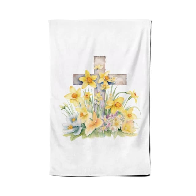 Warren Reed - Designer Boho Watercolour, Easter Cross with Daffodils Tea Towel Multicolor Unisex