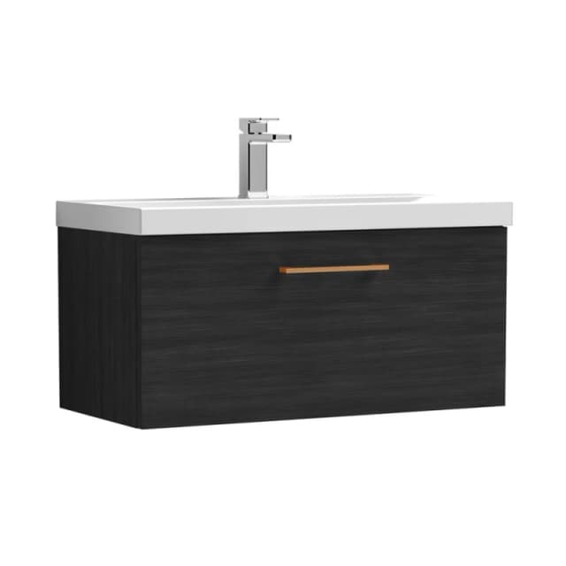 Balterley 800mm Wall Hung 1 Drawer Vanity Unit, Woodgrain Black, Copper Handle in Black Unisex