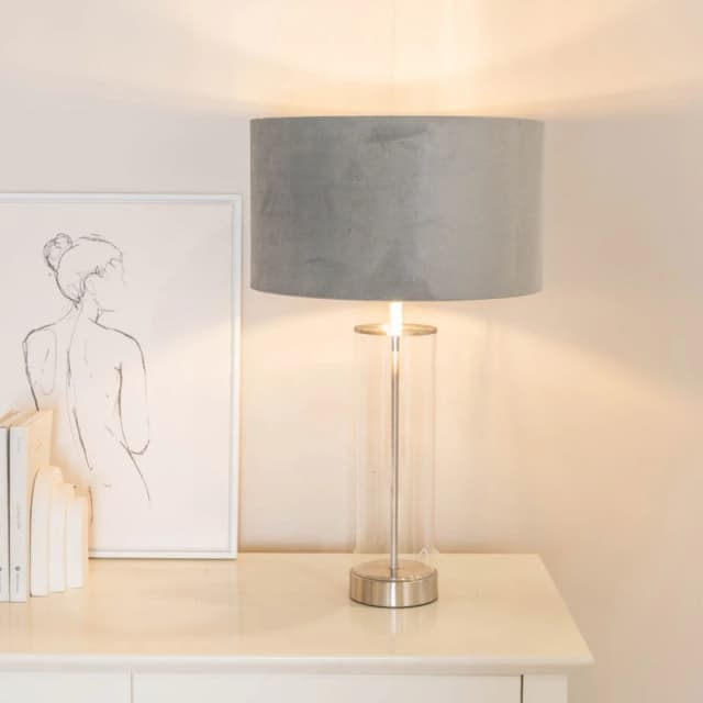 ValueLights ValueLights Balan Glass with Chrome Table Lamp and Grey Velvet with Chrome Inner Lamp Shade Grey One Size Unisex 5059406061967