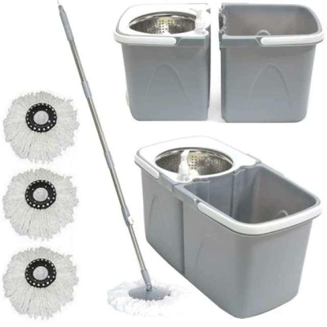 Gr8 Home Grey Space Saving 360 Degree Rotating Dual Spin Dry Mop & Bucket 3 Microfibre Heads