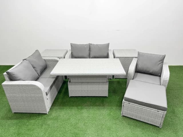 Fimous High Back Poly Rattan Garden Furniture Set with Adjustable Lifting Dining or Coffee Table Indoor Outdoor Patio Set Big Stool 2 Side Table