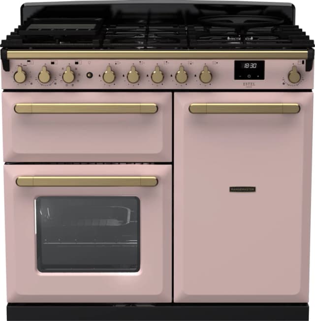 Rangemaster Estel Deluxe ESDL100DFPPPK/AB1 100cm wide Dual Fuel Range Cooker with Gas Hob - Pale Pink / Antique Brass - A/A Rated