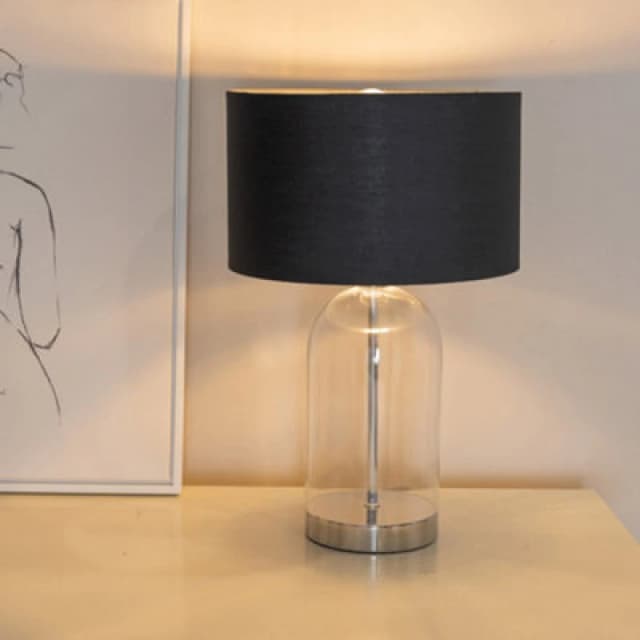 ValueLights ValueLights Jessy Glass with Silver Trim Table Lamp with Fabric Drum with Chrome Inner Shade in Black One Size Unisex 5059406061011