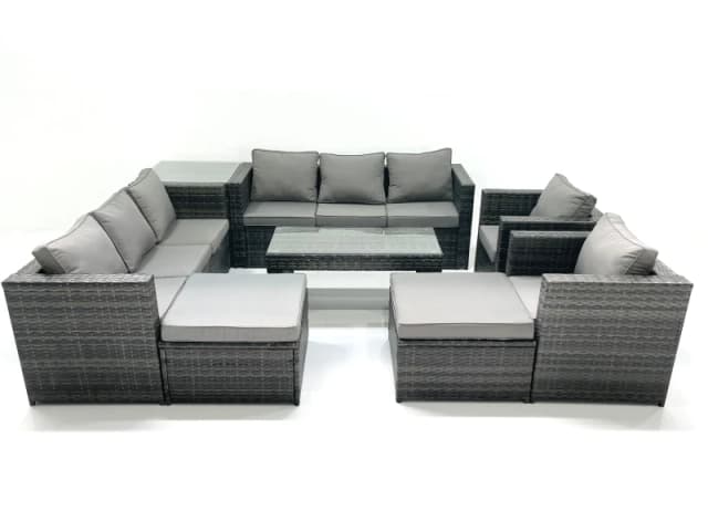 Fimous Rattan Garden Furniture Sofa Set with Coffee table Armchair Side Table 2 Big Footstools Dark Grey Mixed Dark Grey