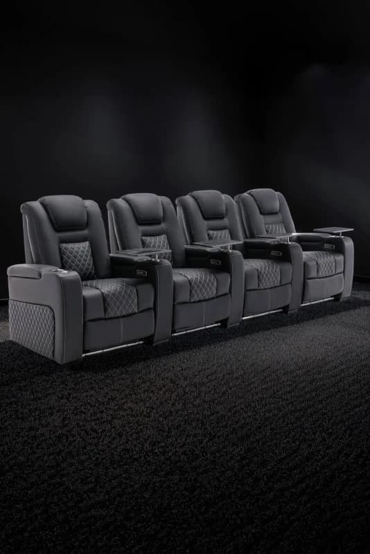 More4Homes Broadway 4 Seater Electric Recliner Cinema Sofa USB Charging LED Base With Tray (Black W White Stitching)