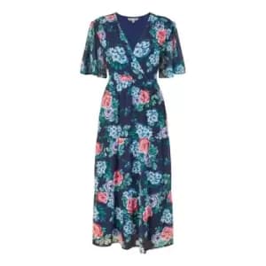 Yumi Navy Floral Tiered Hem Midi Dress - Blue