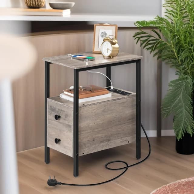 Rafaelo Mobilia Bedside Table with Power Outlet & USB Ports Greige in Grey Grey Unisex