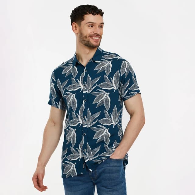 Threadbare 'Foliage' Leaf Print Short Sleeve Shirt Navy male