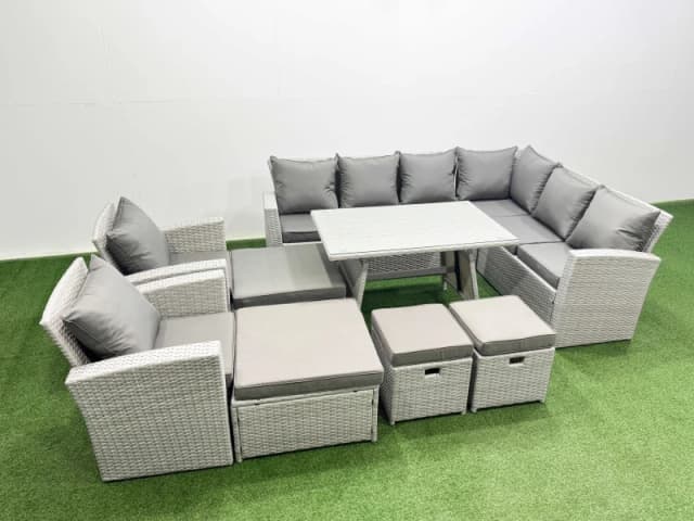 Fimous 12 Seater Garden Outdoor Rattan Furniture Set Dining Table 2 Armchairs in Light Grey Light Grey Unisex