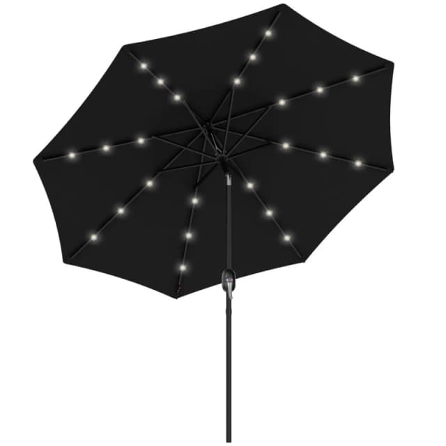 Outsunny 2.7m Patio Garden Umbrella Outdoor Parasol with Tilt Crank and 24 LEDs Lights Black - Outsunny 84D-018V00BK