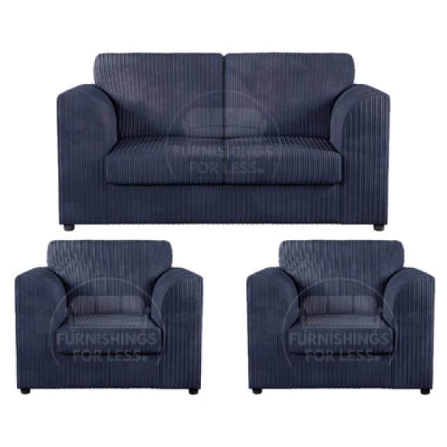 Furnishings For Less UK Luxor Jumbo Cord 2 + 1 + 1 Fabric 3 Piece Sofa Suite - Fullback Navy Blue