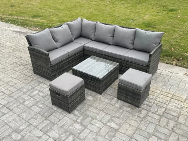 Fimous 8 Seater Outdoor Garden Furniture Set Wicker PE Rattan Corner Sofa Set with Square Coffee Table 2 Small Footstools Dark Grey Mixed Dark Grey
