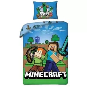 Boom Duvet Cover Set (Single) (Blue/Green/White) - Blue/Green/White - Minecraft