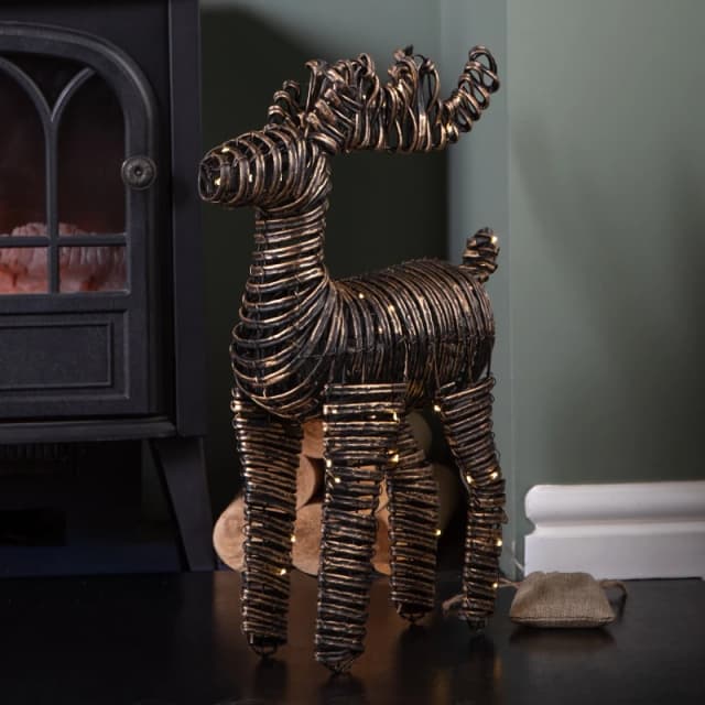 50cm Battery Operated Light up Black & Gold Braid Christmas Reindeer with Warm White LEDs
